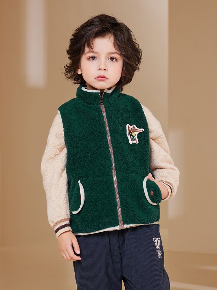 搖粒絨保暖兒童背心-可愛狐狸-深綠色
