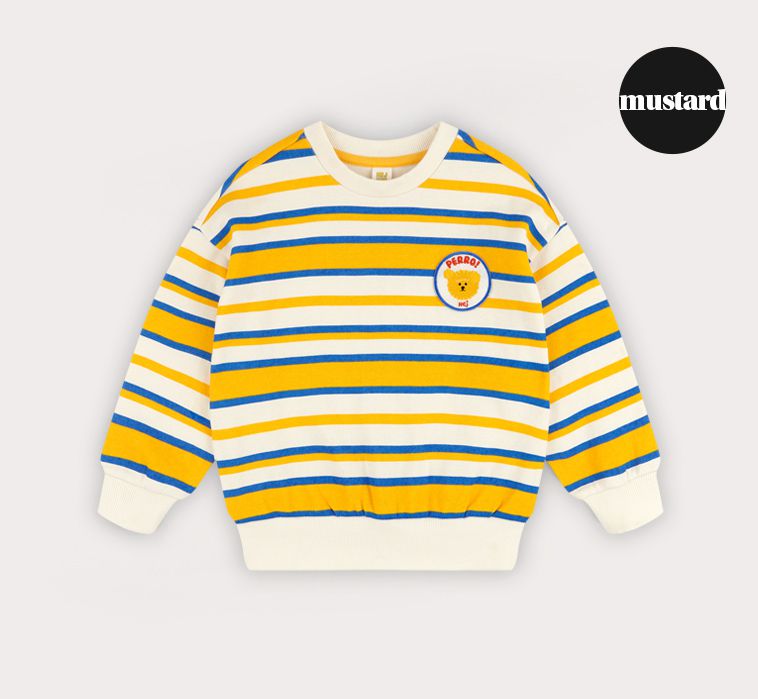 韓國 HEJMINI - (裏毛)熊熊徽章條紋上衣-黃