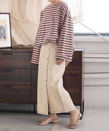 日本 Bou Jeloud - 百搭落肩長袖上衣-條紋-粉