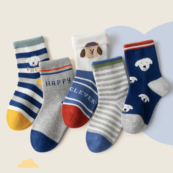 love, charlotte - 春秋季開心小狗中筒棉襪-5 雙一組