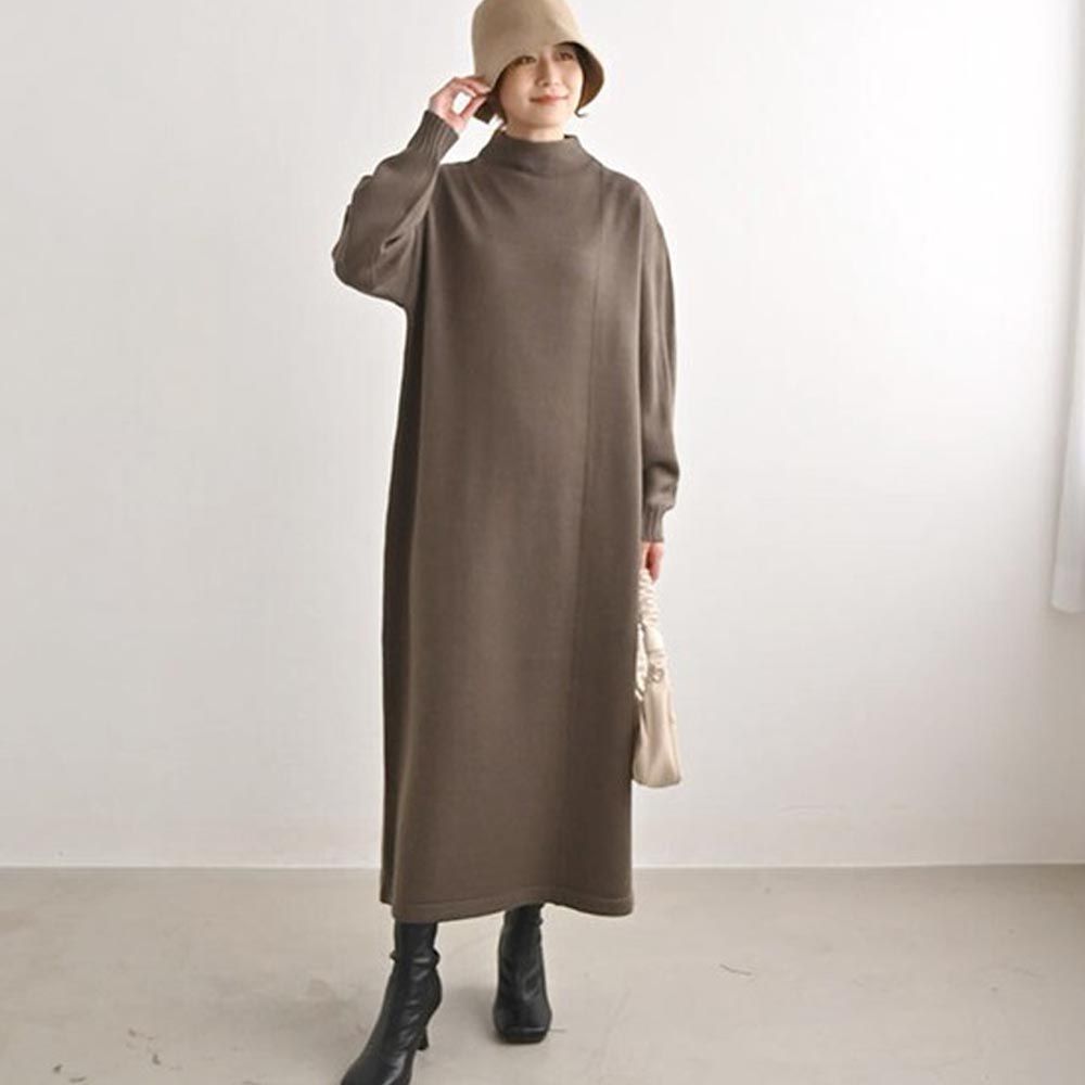 日本 ihuu - 小立領修身顯瘦針織洋裝-摩卡