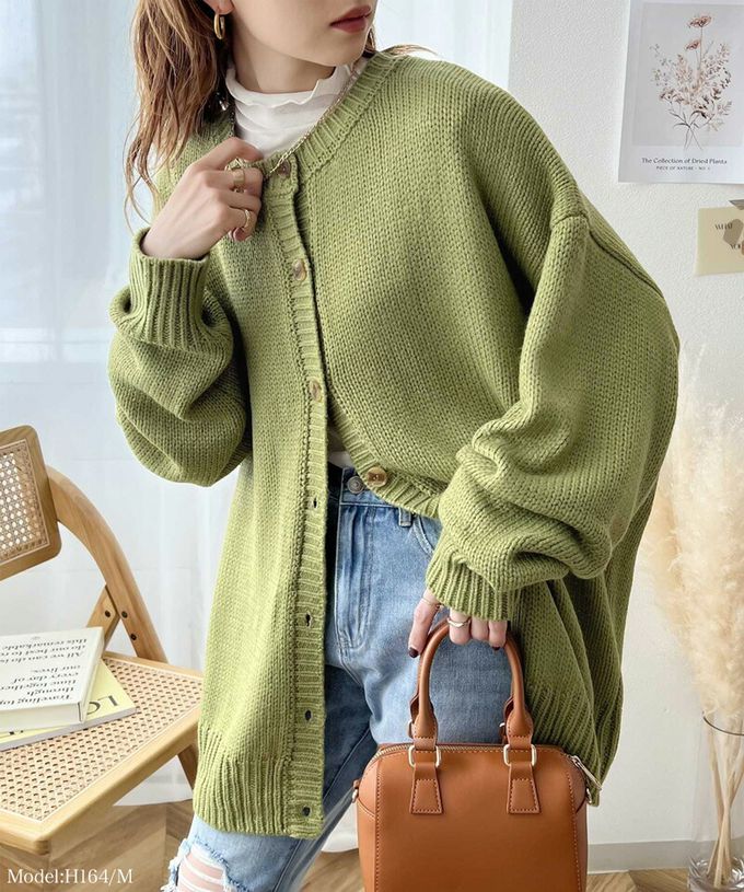 日本 Classical Elf - 雙面穿寬鬆針織鈕釦開襟衫-煙燻綠