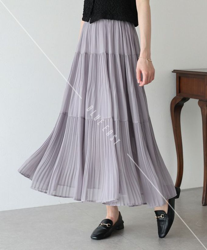 日本 BLUE EAST - 優雅細摺雪紡分層鬆緊長裙-淺紫 (M)