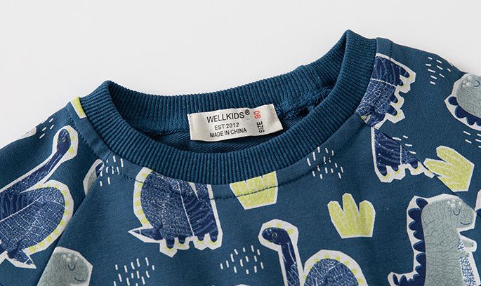 WELLKIDS - 加絨圓領長袖大學T套裝-塗鴉萌萌恐龍-海軍藍