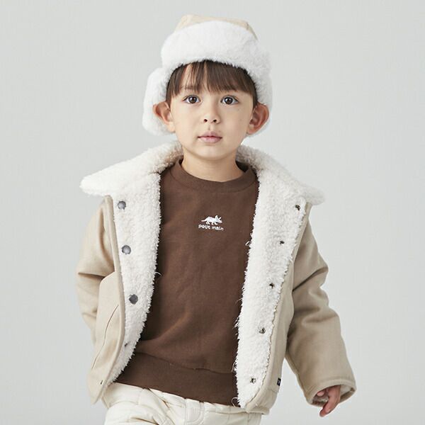 日本 petit main - 翻領英倫風絨毛雙面穿外套-素面卡其