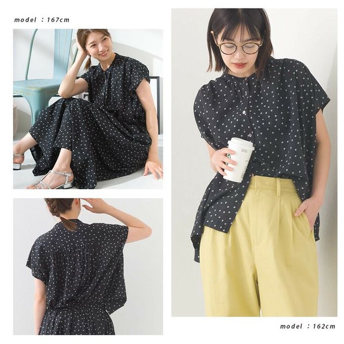 日本 OMNES - 100%印度棉 輕盈寬版襯衫式上衣-圖騰-海軍藍