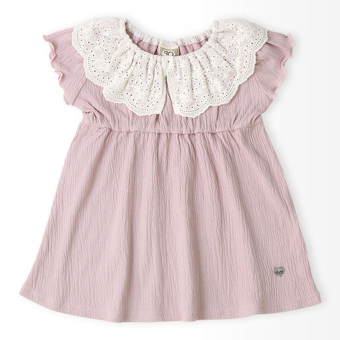 日本 ZOOLAND - 清爽楊柳 蕾絲領木耳短袖洋裝-粉紅