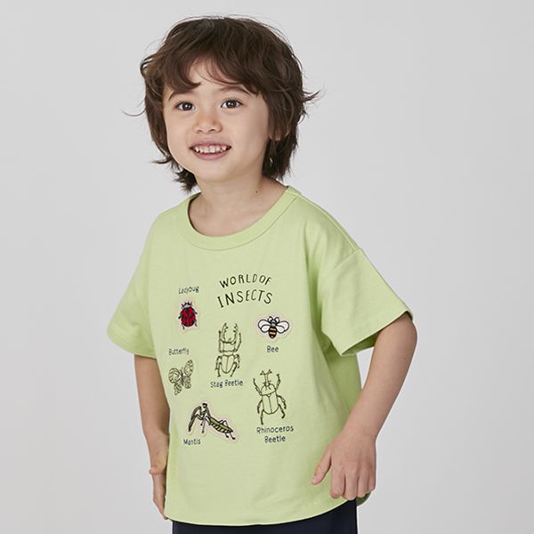 日本 petit main - [接觸冷感]昆蟲刺繡短袖上衣-黃綠