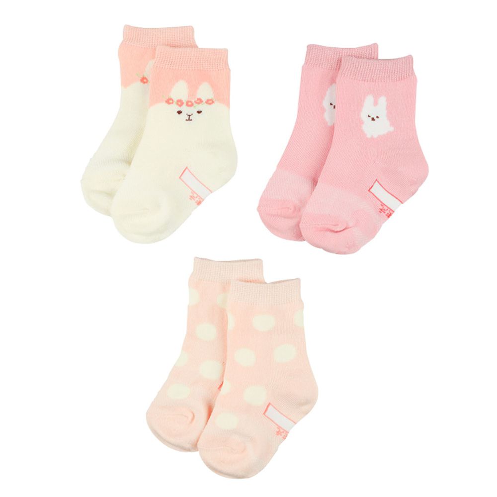 akachan honpo - 女童襪 3雙組-兔子戴花圈-米白色 (9~14cm)