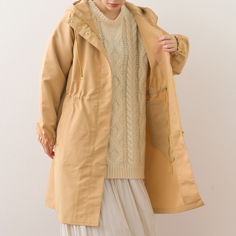 潑水加工 派克連帽風衣長版外套-卡其