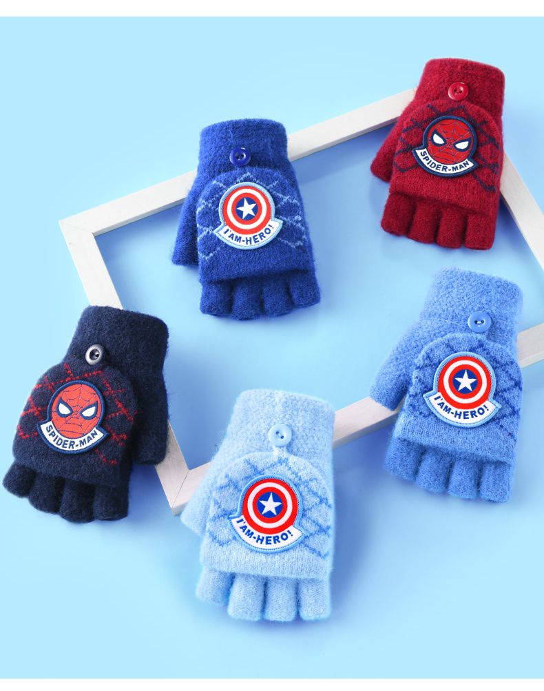 兒童翻蓋保暖半指手套-卡通人物蜘蛛人-紅色 (建議5-8歲)