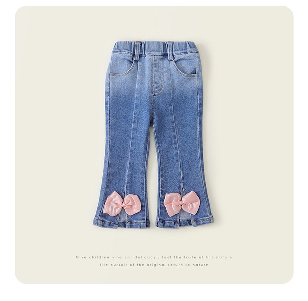 韓版漸層牛仔粉色蝴蝶結裝飾喇叭褲
