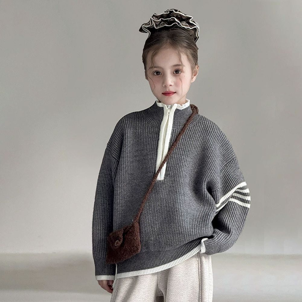 輕盈暖絨立領刺繡毛衣-小狗-灰色