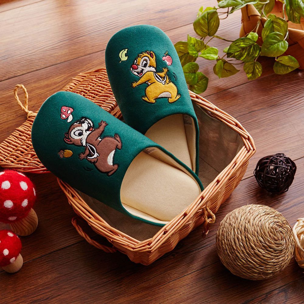 日本千趣會 - 迪士尼 低反發麵包室內拖鞋-奇奇蒂蒂-深綠