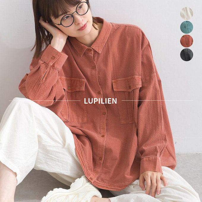 日本 Lupilien - 復古紋理率性抽繩純棉落肩襯衫-橘棕