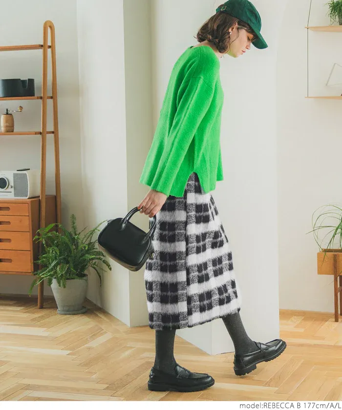 日本 COCA - 慵懶毛呢格紋鬆緊長裙-綠米