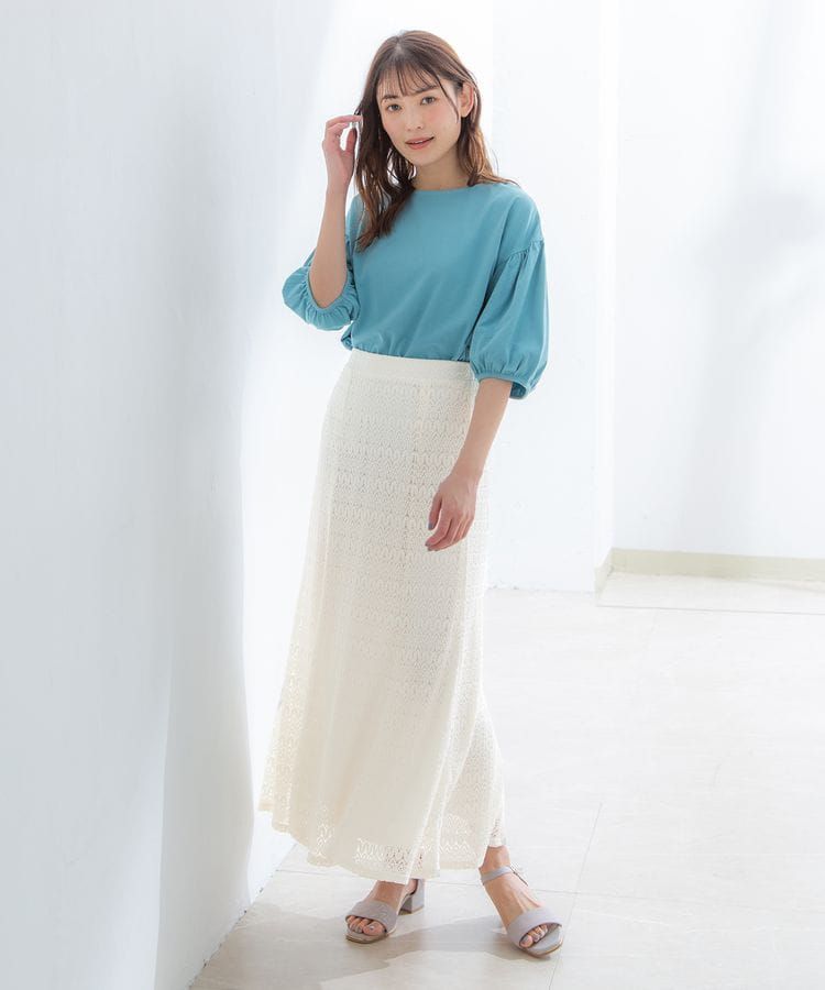 日本 Honeys - 蕾絲雕花魚尾長裙-米