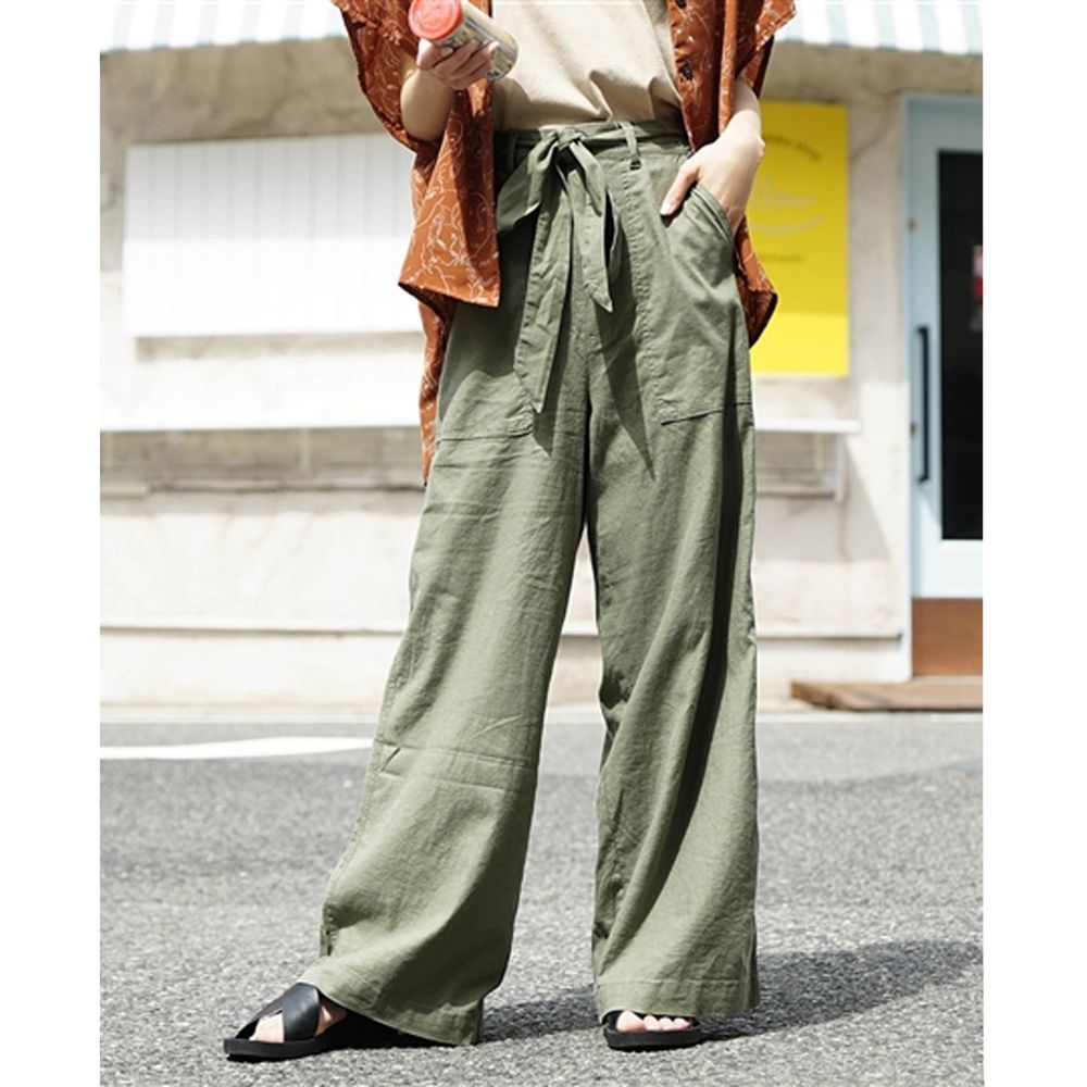 日本 zootie - 麻料舒適綁帶寬褲-墨綠