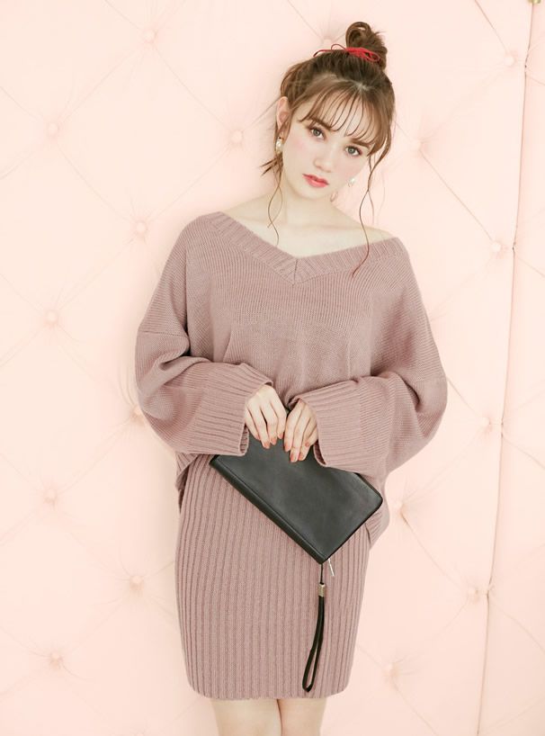 日本 GRL - V領寬鬆針織毛衣X羅紋針織短裙兩件組套裝-粉