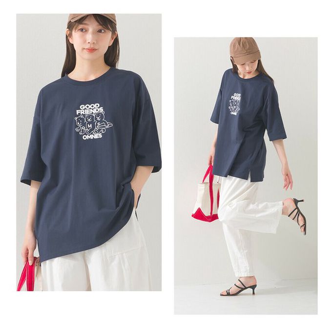 日本 OMNES - 純棉印花休閒短袖上衣-小熊好朋友-深藍 (M)