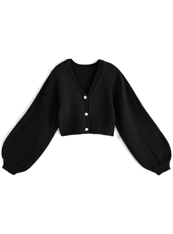 日本 GRL - 公主珍珠釦泡泡袖針織外套-天使白 (F)