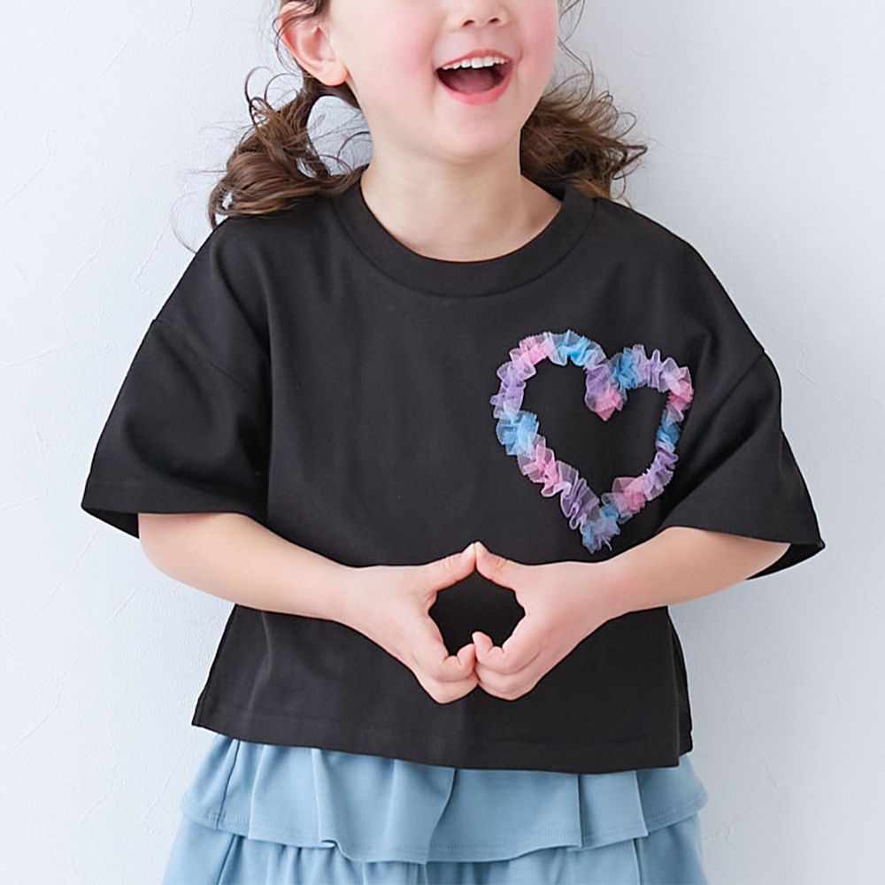 俏麗薄紗點綴短袖上衣-愛心-彩色x黑