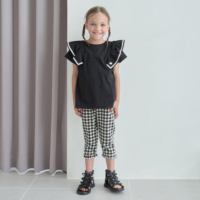 日本 Lycee mine - 接觸冷感 荷葉下襬七分褲-米白心型