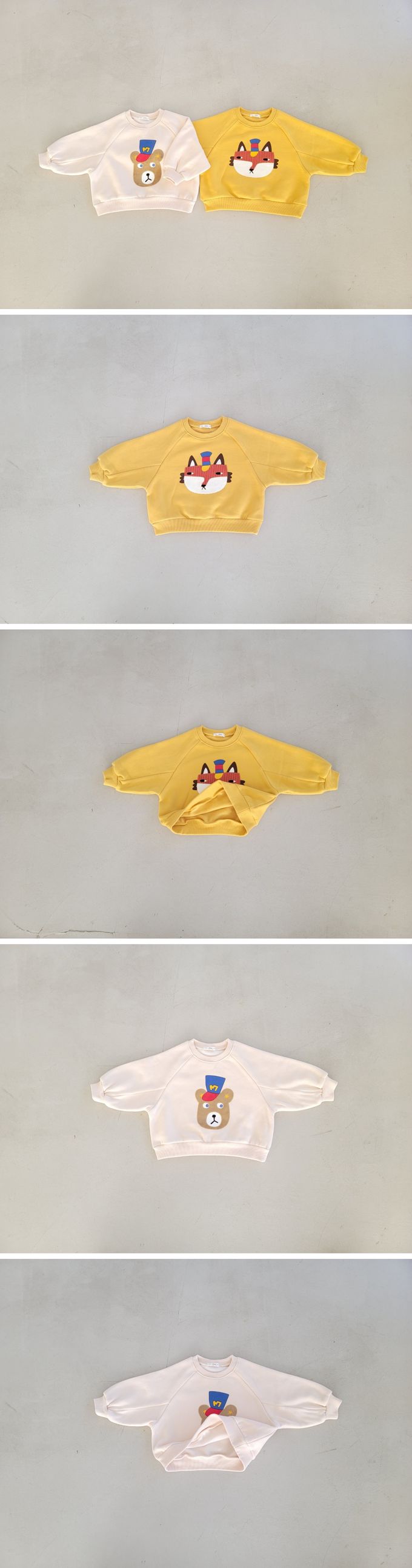 韓國 Mimico - (內磨毛)動物印圓領大學T-狐狸-芥黃