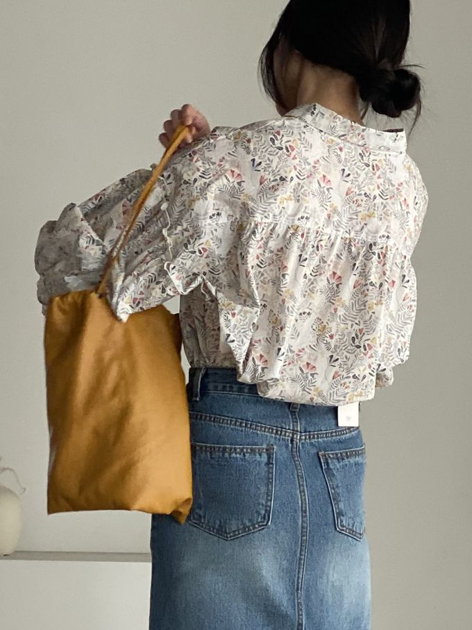 韓國女裝連線 - 花草圖樣翻領拼接長袖襯衫-象牙白 (FREE)