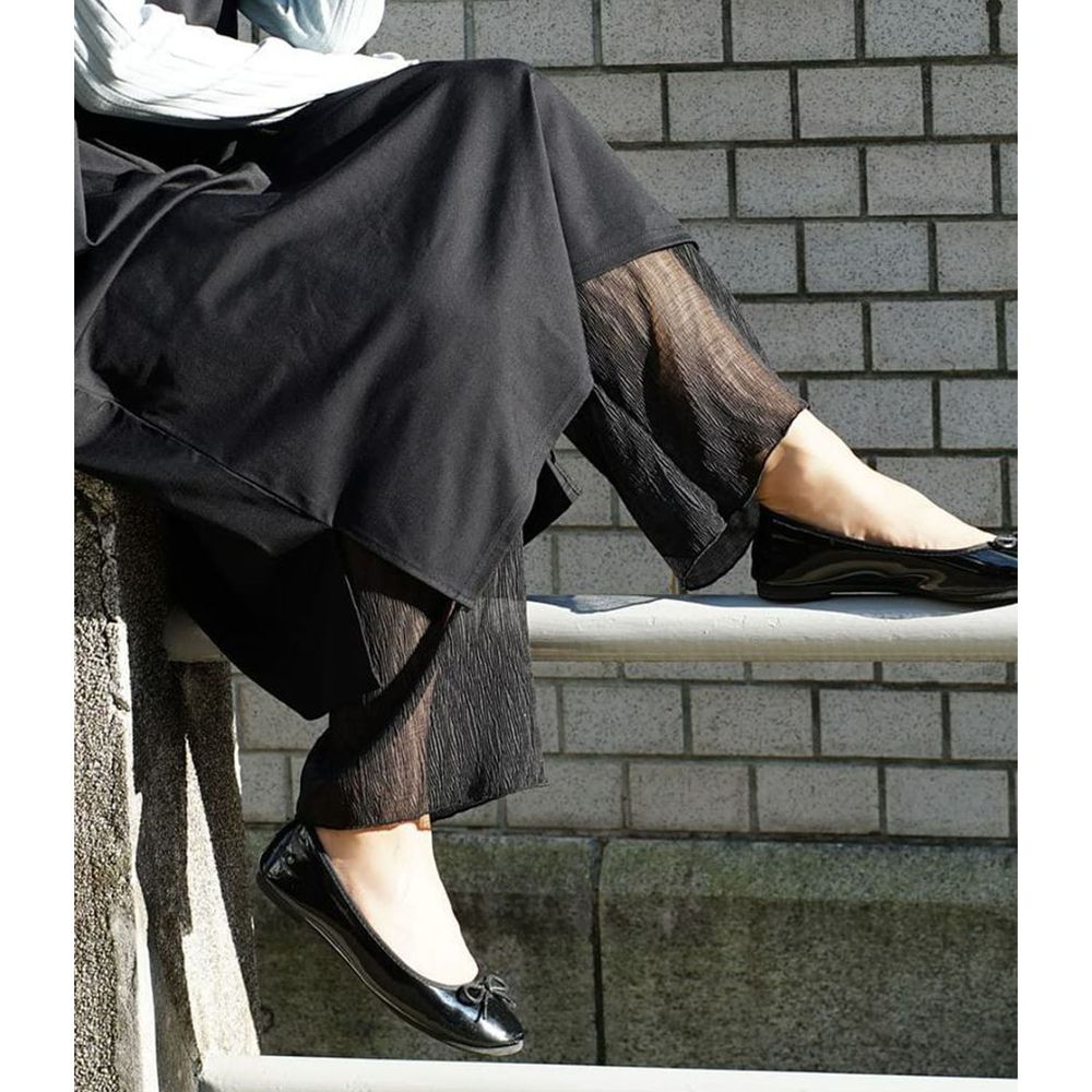 日本 zootie - 時尚透膚層次感穿搭內搭寬版長褲-木耳抓皺-黑