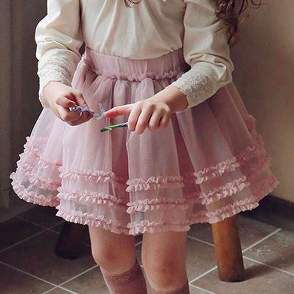 韓國 PuellaFLO - 三層花邊網紗短裙-粉紅