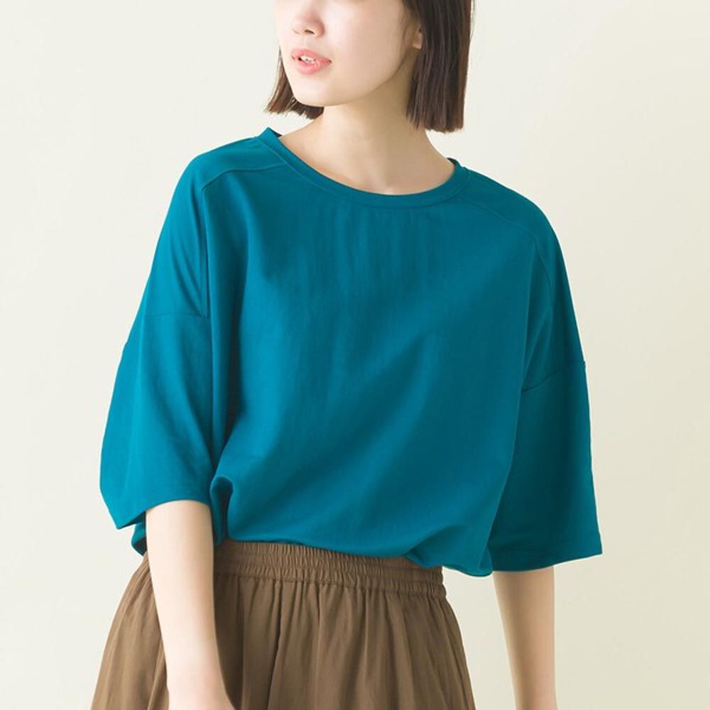 日本 OMNES - 接觸涼感 嫘縈寬鬆五分袖上衣-藍綠