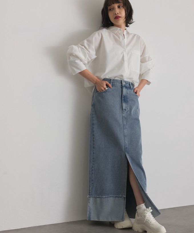 日本 ELENCARE DUE - 10oz抽鬚摺邊俐落前開叉牛仔長裙-黑