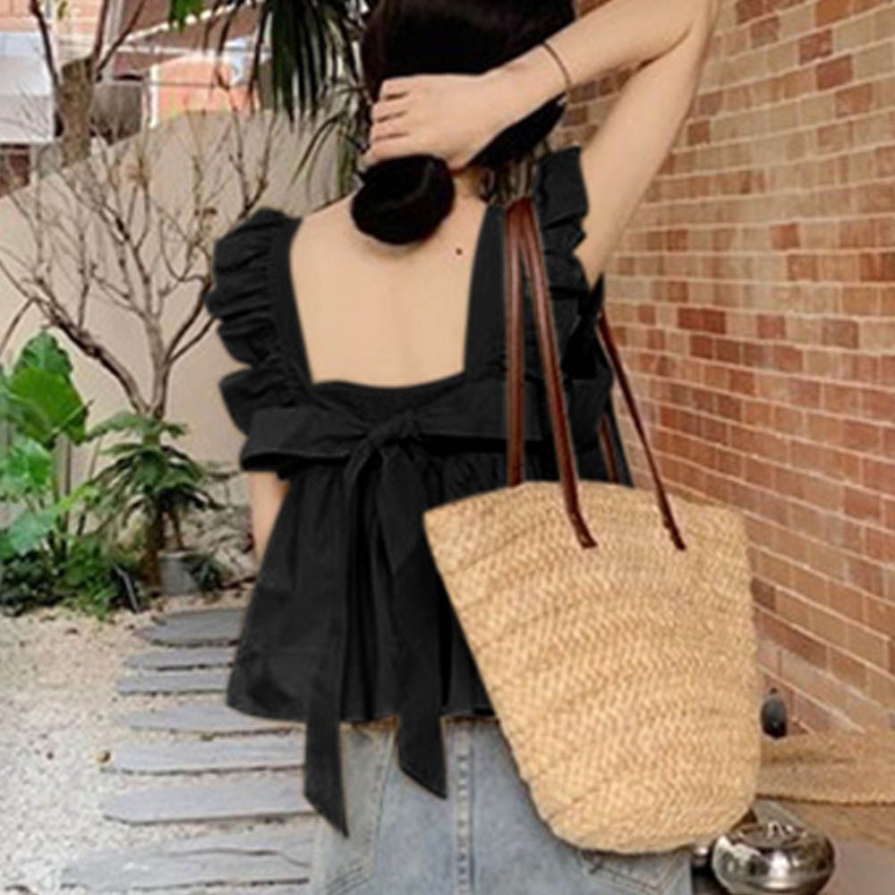 甜美荷葉背後綁帶傘狀背心-經典黑 (M)