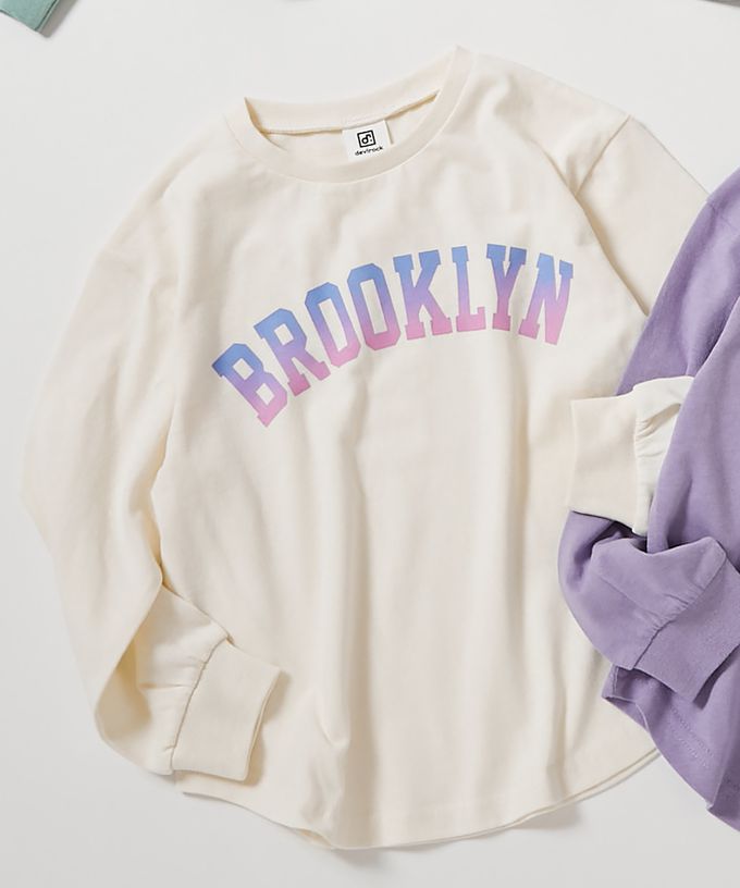 日本 devirock - 100%棉 女孩印花圓弧長袖上衣-鬆餅菜單-桃粉