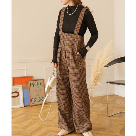 日本 Bab - 文藝少女歐風吊帶褲-格紋-卡其