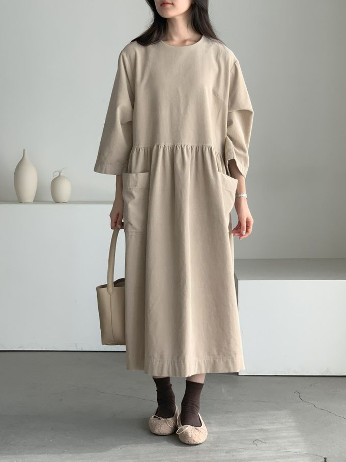 韓國女裝連線 - 極簡大口袋燈芯絨連身洋裝-米杏 (FREE)