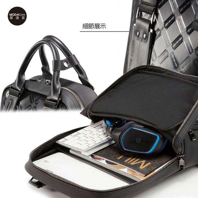 摩達客韓國進口COOD GEAR_REX001黑霧光刀刻紋頂級時尚商務雙邊後背包電腦包15L/可攜至14吋筆電/防潑水/人體工學 (黑)