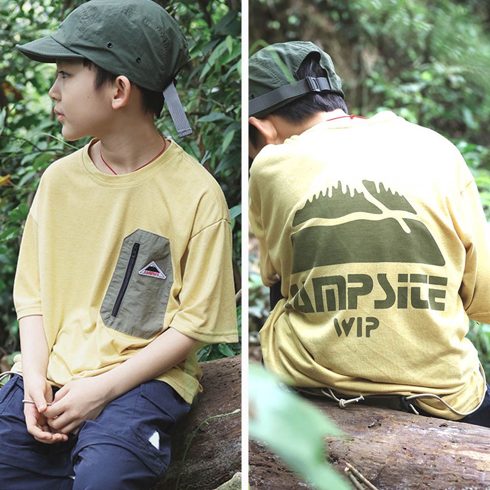 吸濕快乾圓領短袖上衣-前口袋後印花-黃色