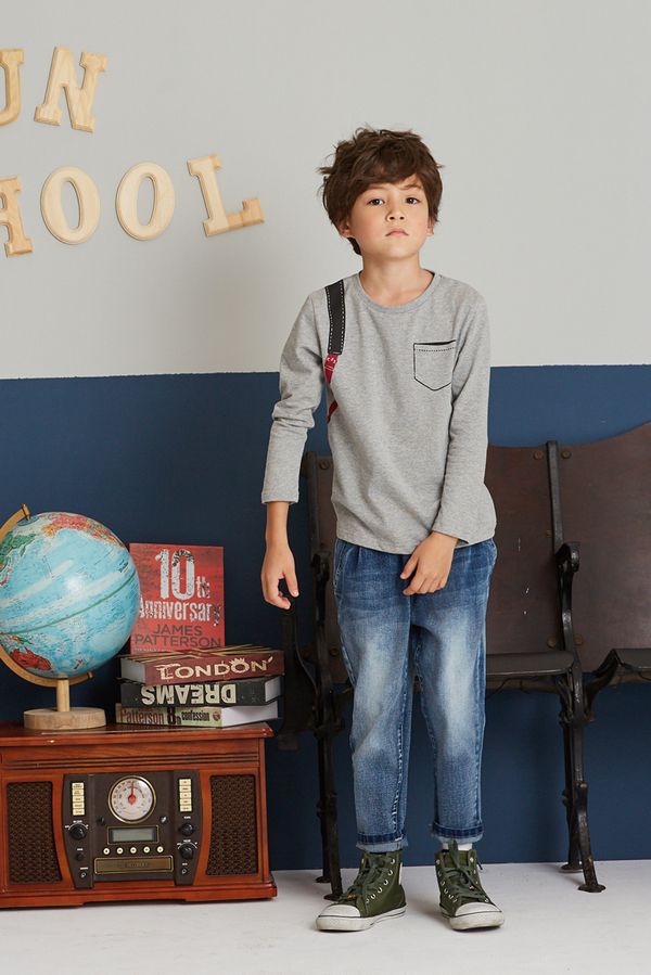 麗嬰房 Little moni - 後背包印圖上衣-麻花灰