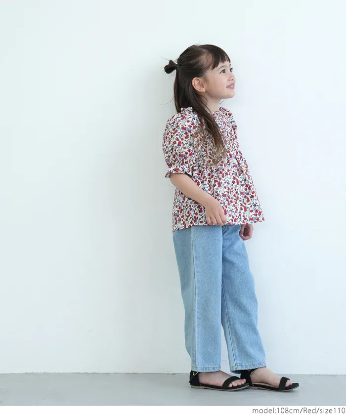 日本 COCA - 歐風碎花泡泡短袖上衣-孩子-洋紅