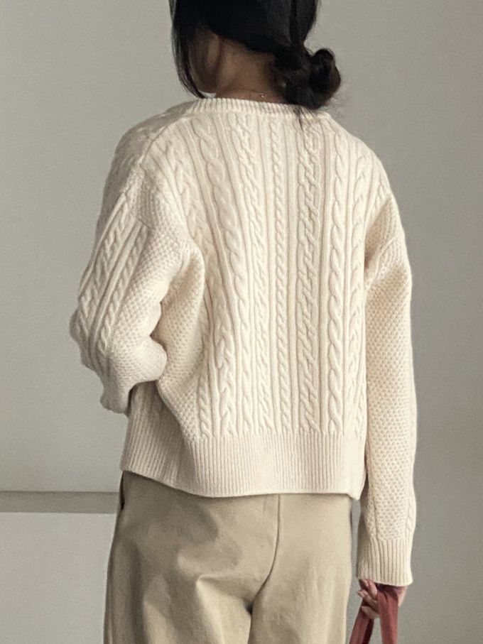 韓國女裝連線 - 麻花捲鈕扣無領針織外套-奶油米 (FREE)