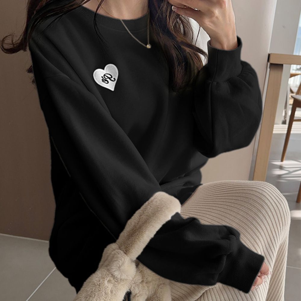 簡約胸口愛心裏起毛大學T-黑 (F)