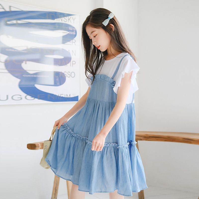 假兩件式拼接蛋糕裙洋裝-藍+白