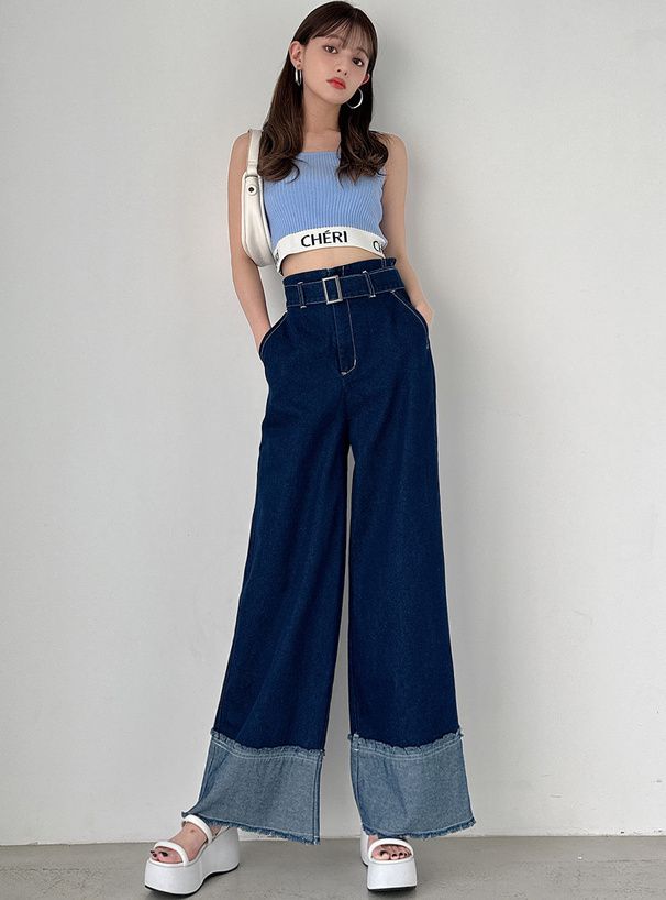 日本 GRL - 復古反折丹寧美腿寬褲-深藍