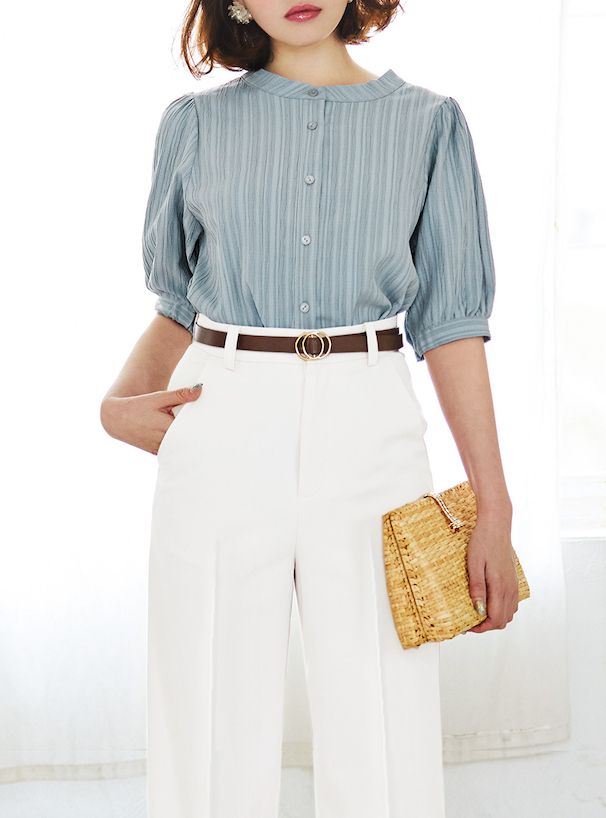 日本 GRL - 簡約圓領泡泡短袖襯衫-寶貝藍 (F)