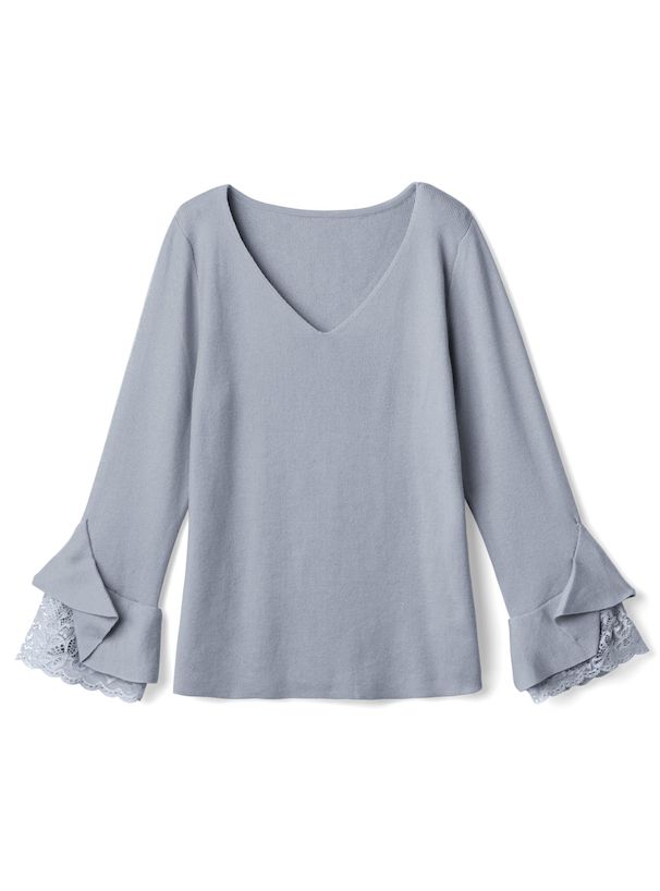 日本 GRL - 氣質V領蕾絲花朵袖針織上衣-天使白