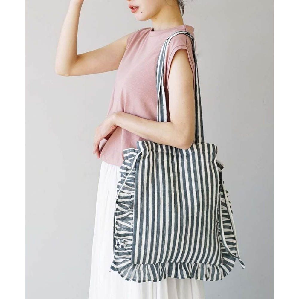 活潑荷葉邊束繩印花肩背托特包-條紋-灰
