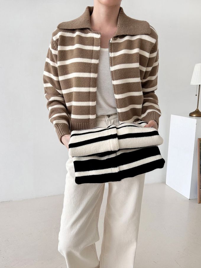 韓國女裝連線 - 溫柔條紋翻領拉鍊針織外套-摩卡咖 (FREE)