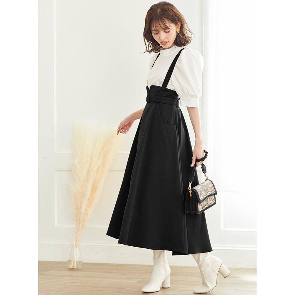 日本 GRL - 甜美修身高腰吊帶裙(附腰帶)-時尚黑
